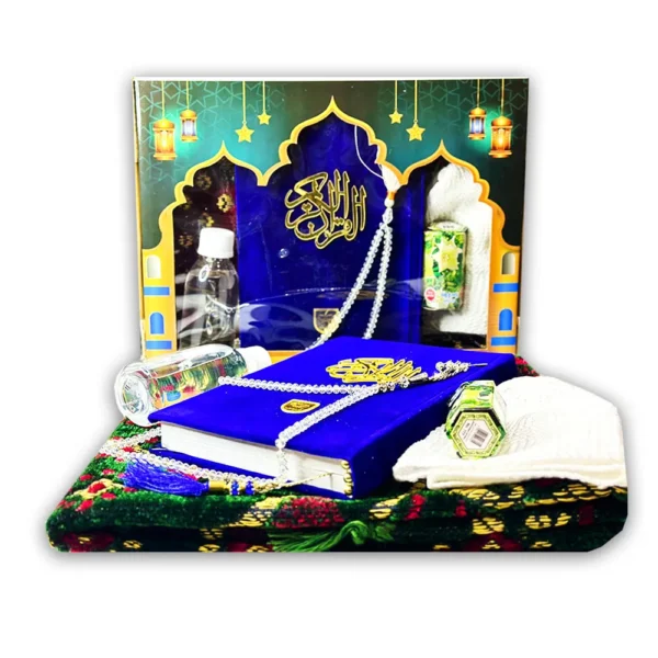 Special Ramzan Gift Pack featuring a Fancy Tajweedi Quran, Tasbih, Cap, Jainimaz, Ittar, and Zam Zam bottle. with Quraan.pk Customize Branded Box