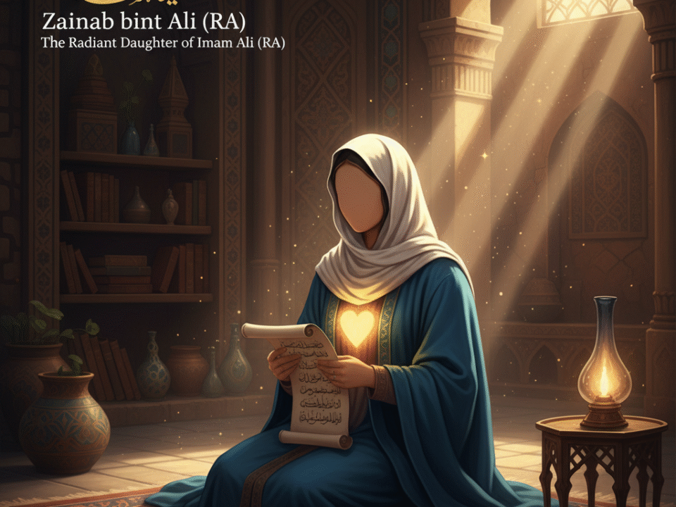 Zainab bint Ali (RA) — the radiant daughter of Imam Ali (RA), whose courage and faith illuminated the darkness after Karbala.