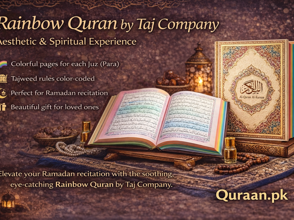 Experience beauty, comfort, and spirituality with the Rainbow Quran by Taj Company—perfect for Ramadan recitation.