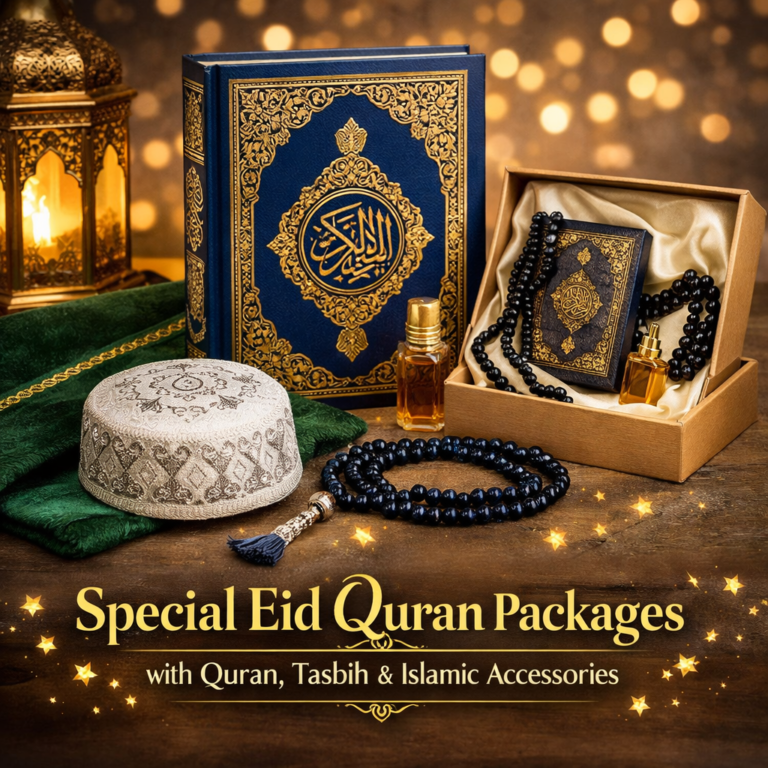 Special Eid Quran Packages with Quran, Tasbih, Prayer Mat, Islamic Cap and Ittar – Beautiful Islamic Gift Set for Eid available on Quraan.pk.