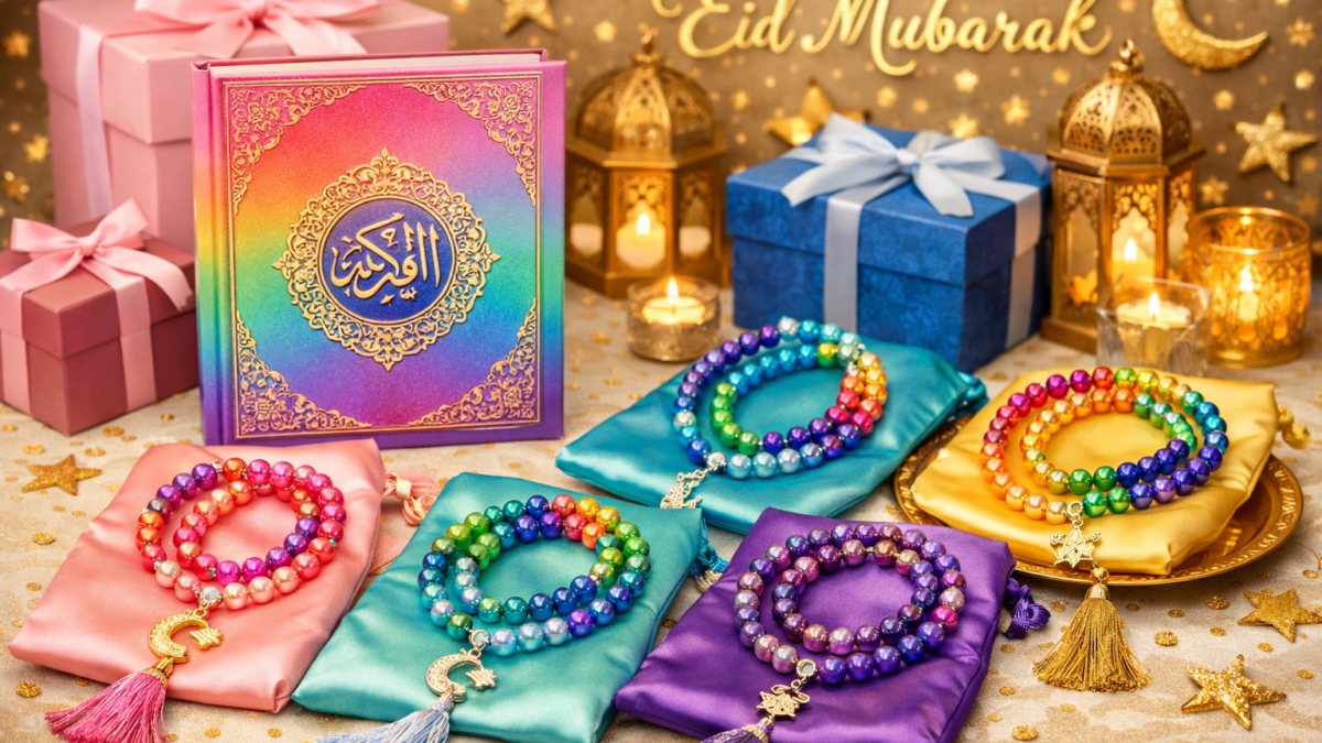 Rainbow Quran with tasbih sets and Eid decorations.