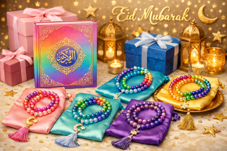 Rainbow Quran with tasbih sets and Eid decorations.