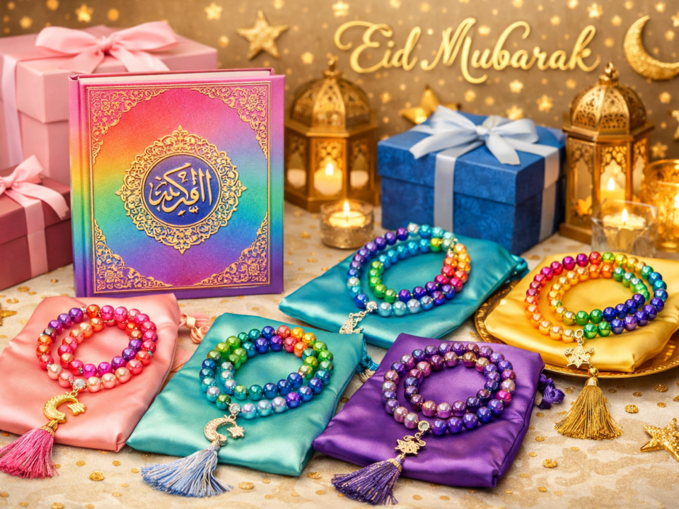 Rainbow Quran with tasbih sets and Eid decorations.