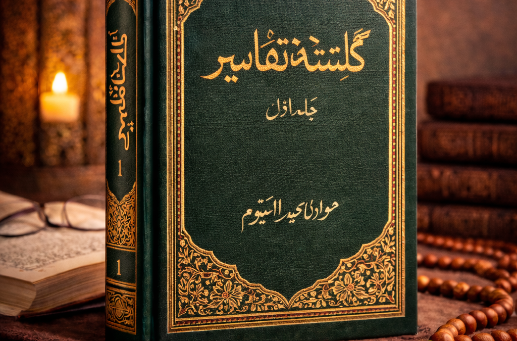 Guldasta-e-Tafaseer Volume 1 by Molana Abdul Qayyum hardcover Urdu Tafseer book with elegant Islamic cover design for Quran study
