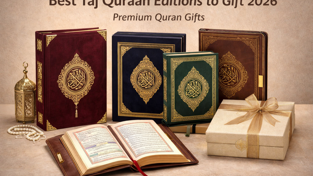 Best Taj Quraan editions 2026 premium rainbow Tajweedi Quran gift set with luxury leather cover and Islamic packaging