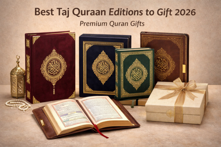 Best Taj Quraan editions 2026 premium rainbow Tajweedi Quran gift set with luxury leather cover and Islamic packaging