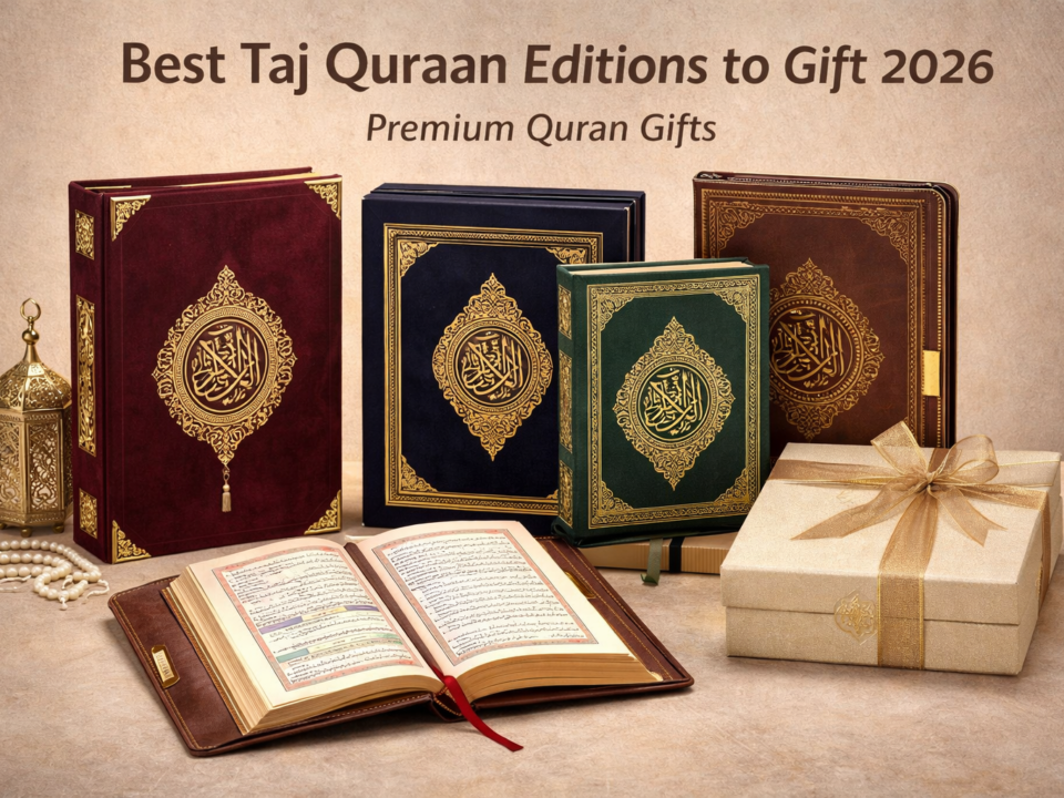 Best Taj Quraan editions 2026 premium rainbow Tajweedi Quran gift set with luxury leather cover and Islamic packaging