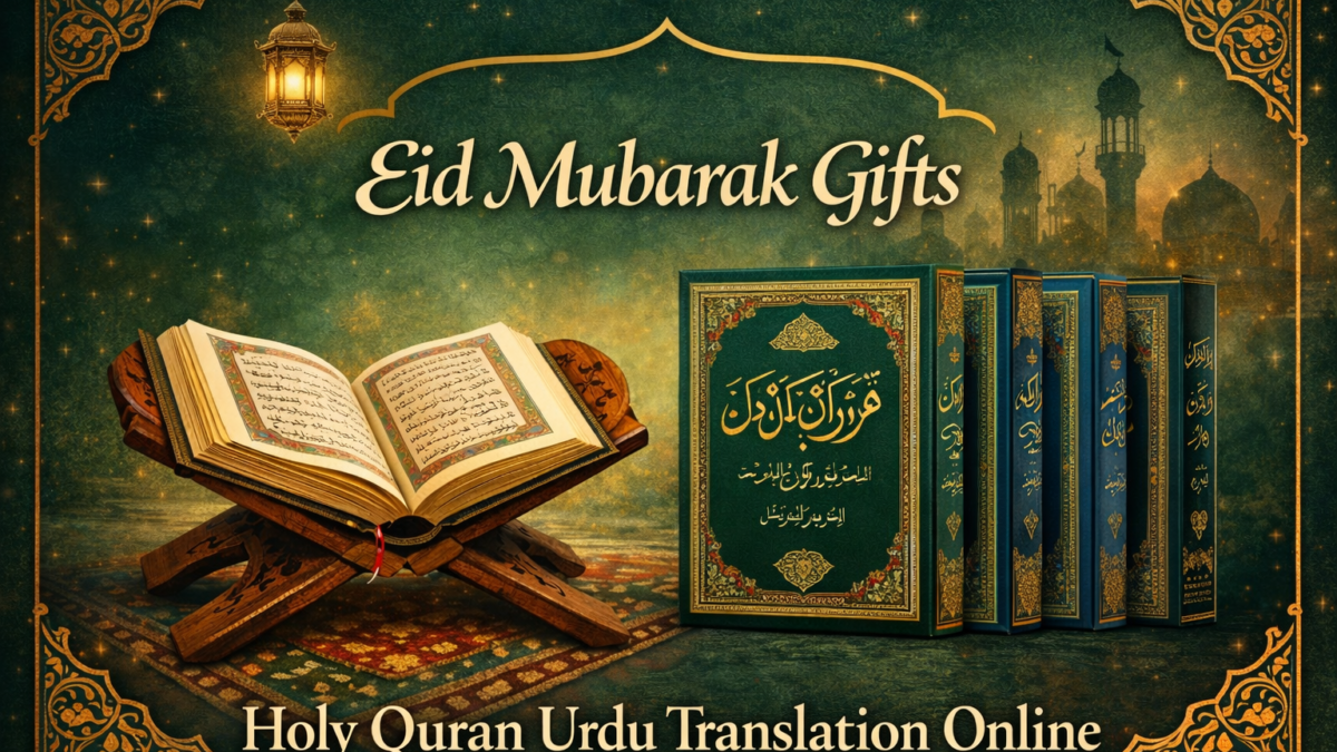 Eid Mubarak gift set featuring Holy Quran with Urdu Translation, Taj Quraan limited edition, beautifully packaged for online delivery from Quraan.pk