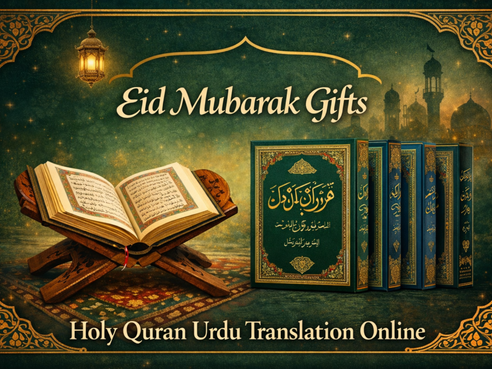 Eid Mubarak gift set featuring Holy Quran with Urdu Translation, Taj Quraan limited edition, beautifully packaged for online delivery from Quraan.pk
