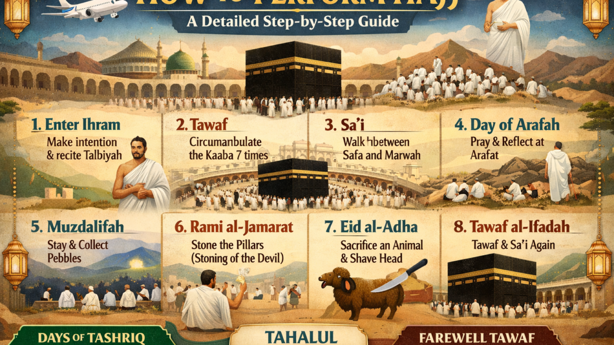 Step-by-step Hajj guide infographic showing key rituals from Ihram to Tawaf around the Kaaba