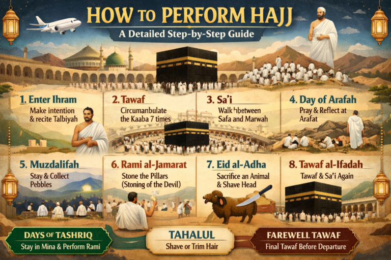 Step-by-step Hajj guide infographic showing key rituals from Ihram to Tawaf around the Kaaba