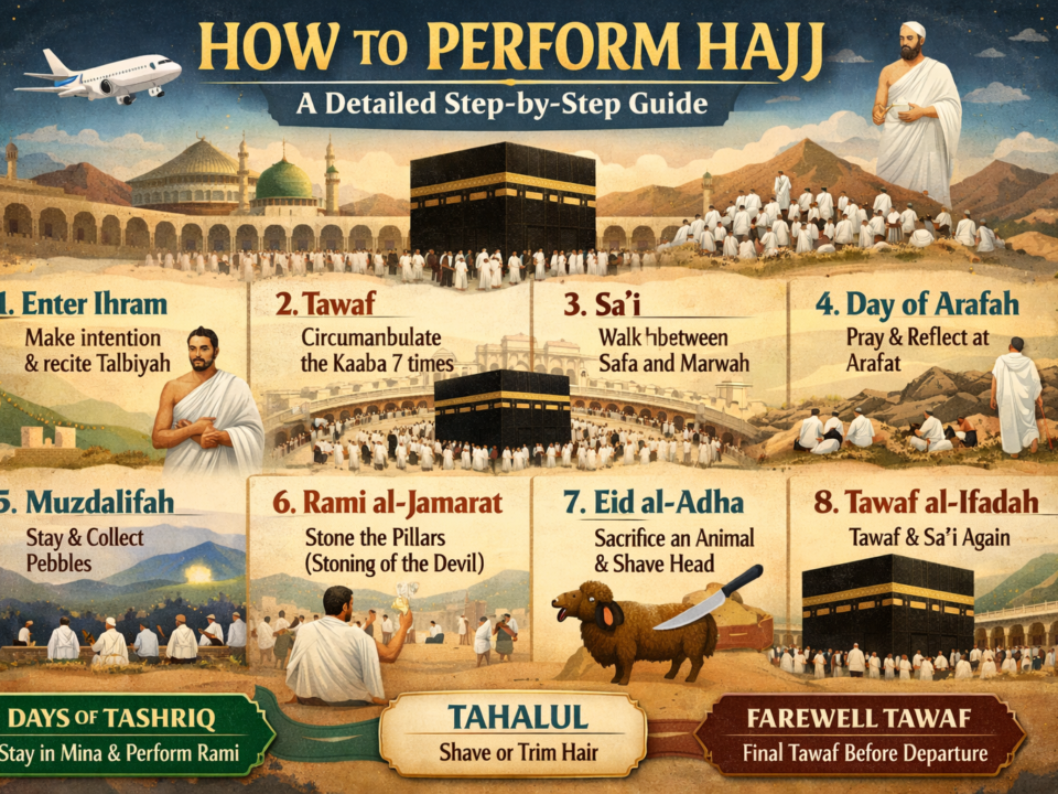 Step-by-step Hajj guide infographic showing key rituals from Ihram to Tawaf around the Kaaba