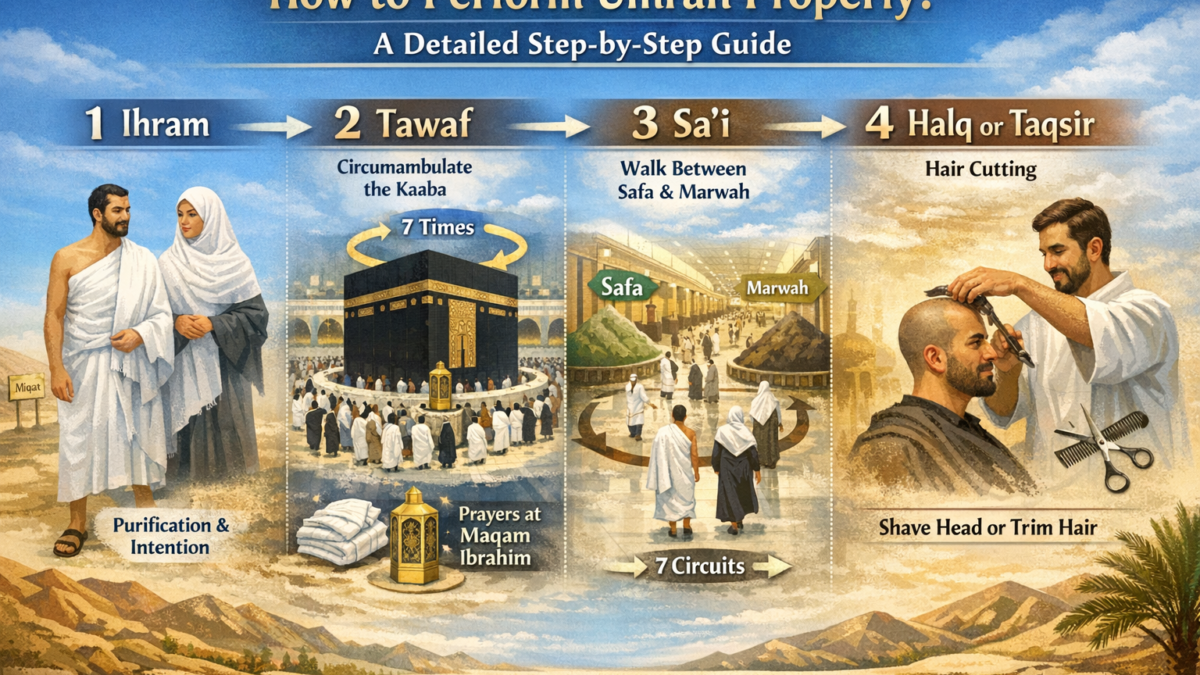 Step-by-step Umrah guide infographic showing Ihram, Tawaf, Sa’i, and Halq rituals at the Kaaba