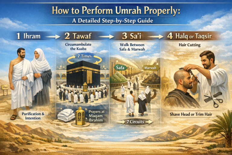 Step-by-step Umrah guide infographic showing Ihram, Tawaf, Sa’i, and Halq rituals at the Kaaba