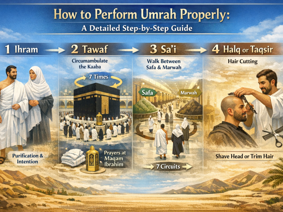 Step-by-step Umrah guide infographic showing Ihram, Tawaf, Sa’i, and Halq rituals at the Kaaba