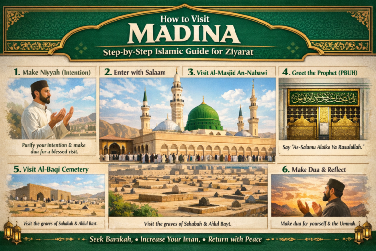Step-by-step Madina Ziyarat guide showing Masjid an-Nabawi, Rawdah, and key visiting etiquettes