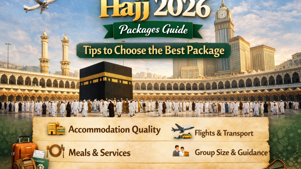 Hajj 2026 travel guide image featuring Kaaba with tips on accommodation, transport, meals, and group size