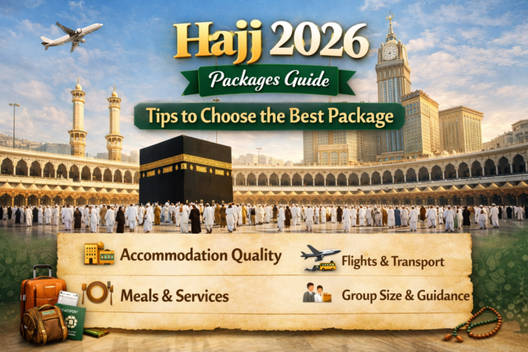 Hajj 2026 travel guide image featuring Kaaba with tips on accommodation, transport, meals, and group size