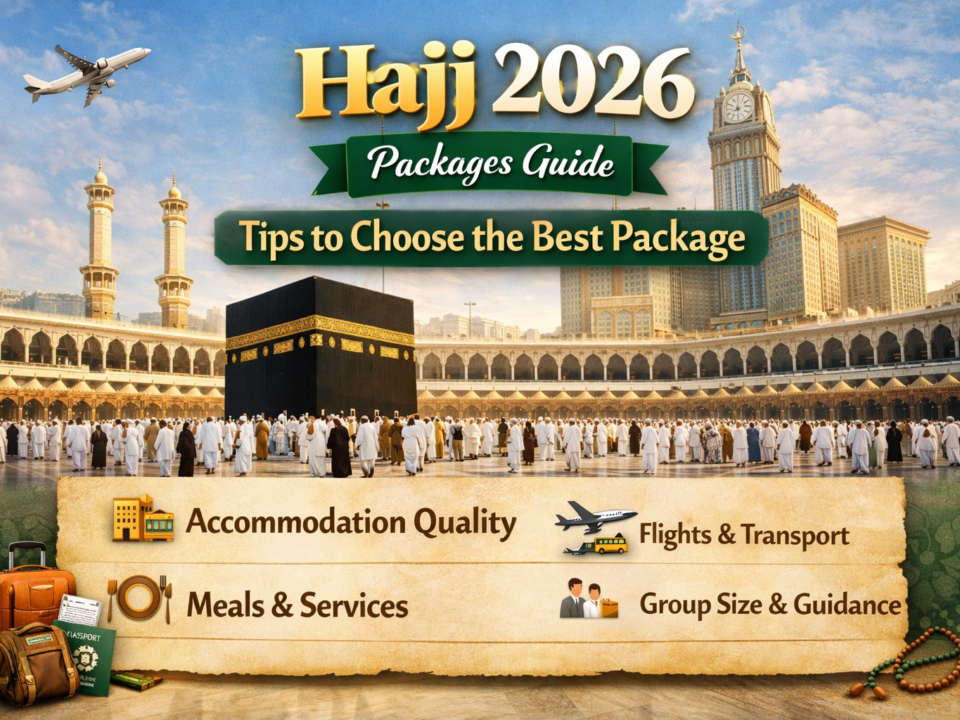 Hajj 2026 travel guide image featuring Kaaba with tips on accommodation, transport, meals, and group size